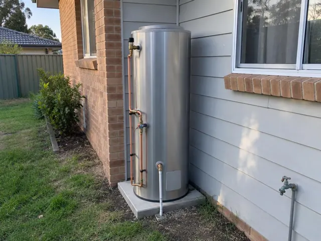 New stainless hot water system beside a brick and weatherboard house exterior in Jewells